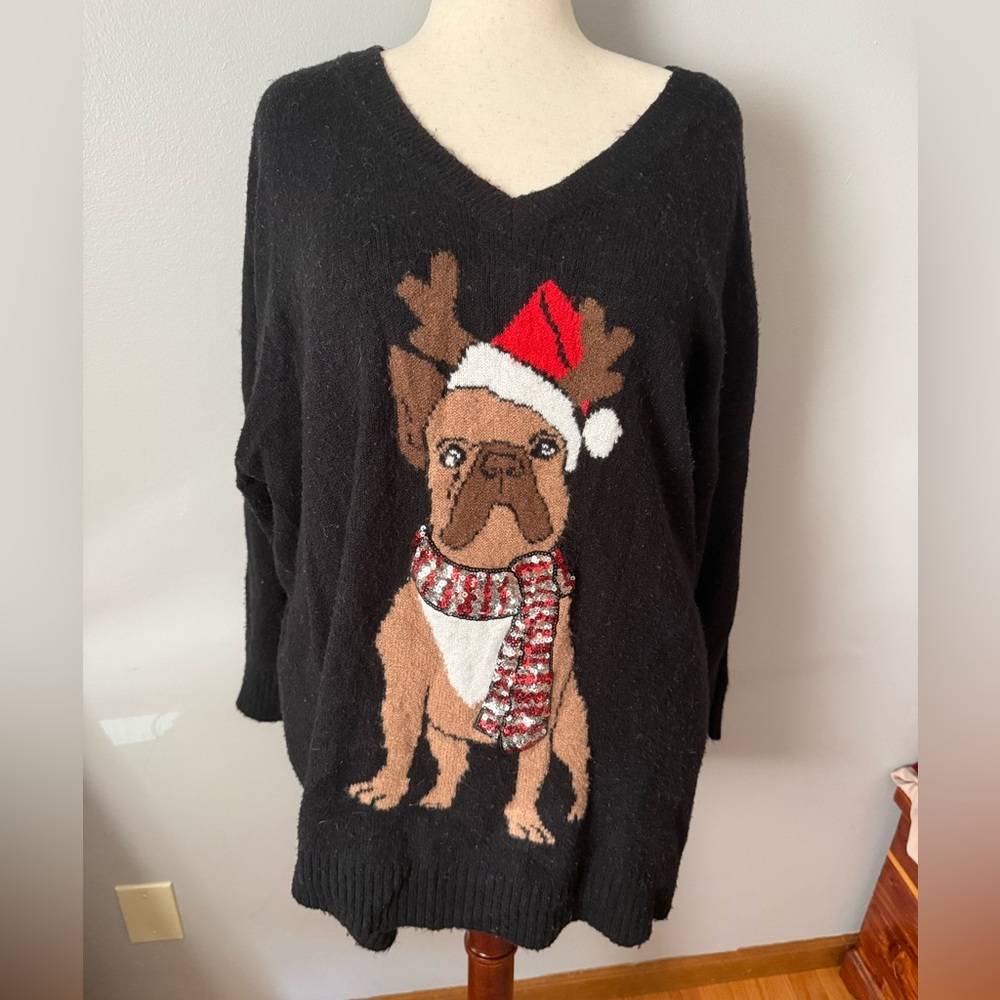 Torrid Black V-Neck Sweater with Festive Dog Design